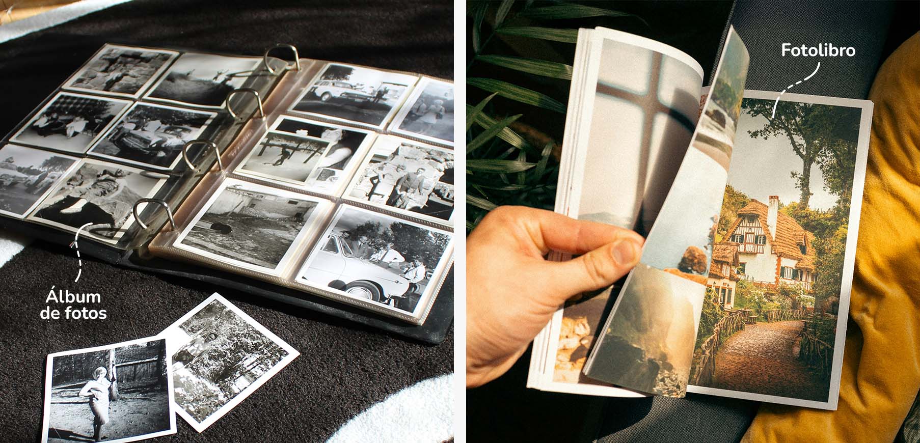 Álbum de fotos en blanco y negro y fotolibro impreso a color.