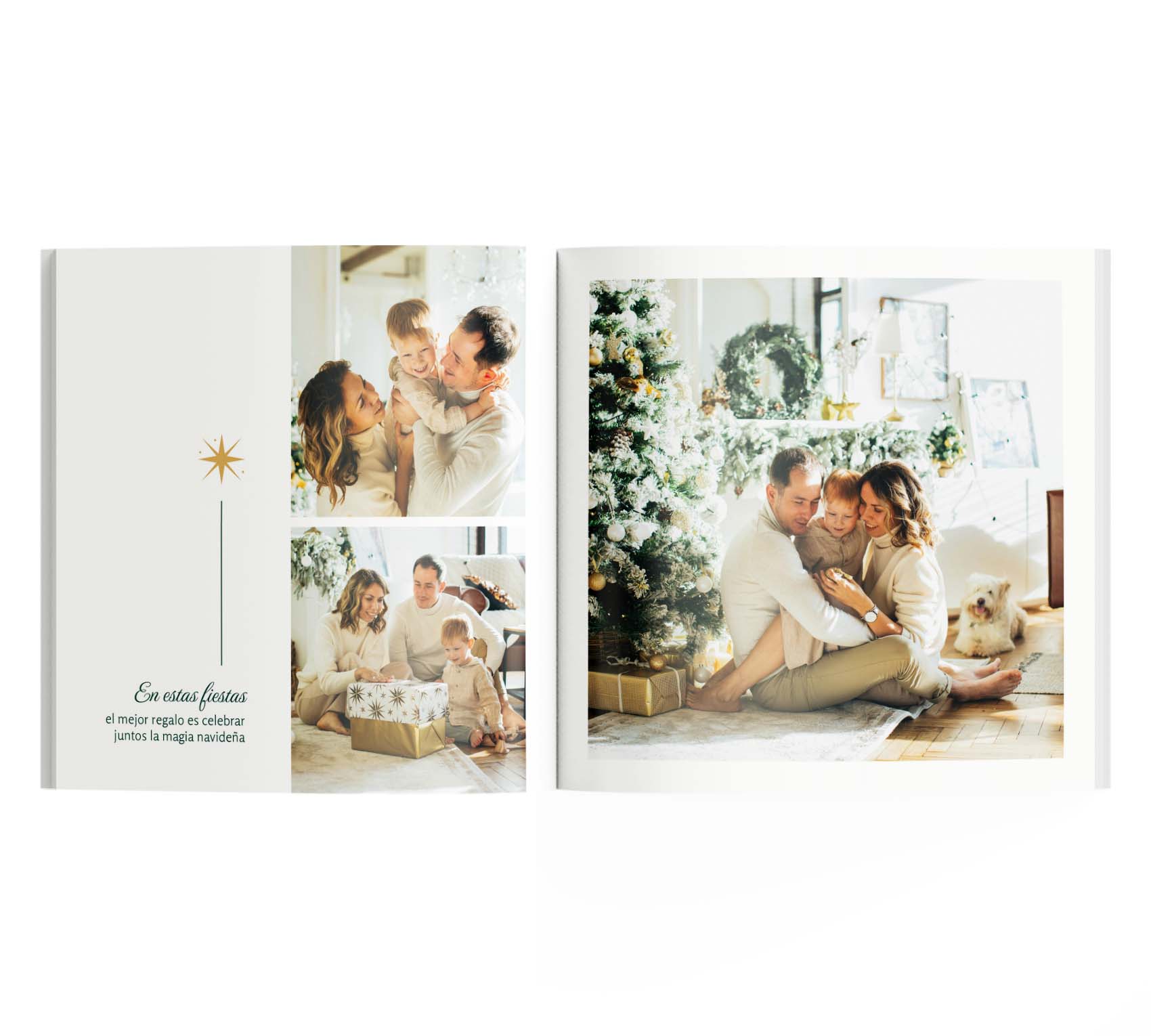 Álbum de fotos navideño, interior con 3 fotos y una frase.