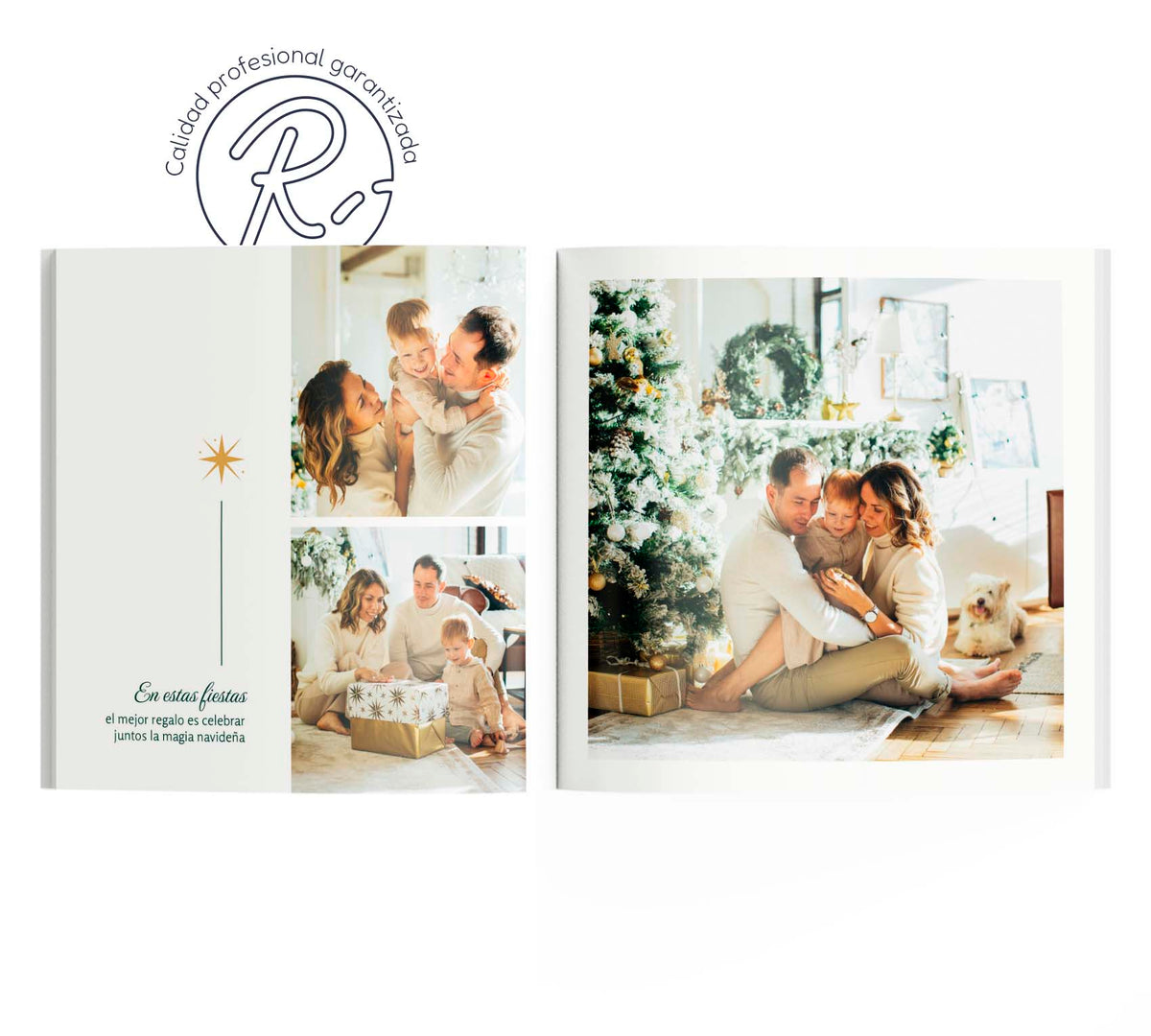 Álbum de fotos navideño, interior con 3 fotos y una frase.