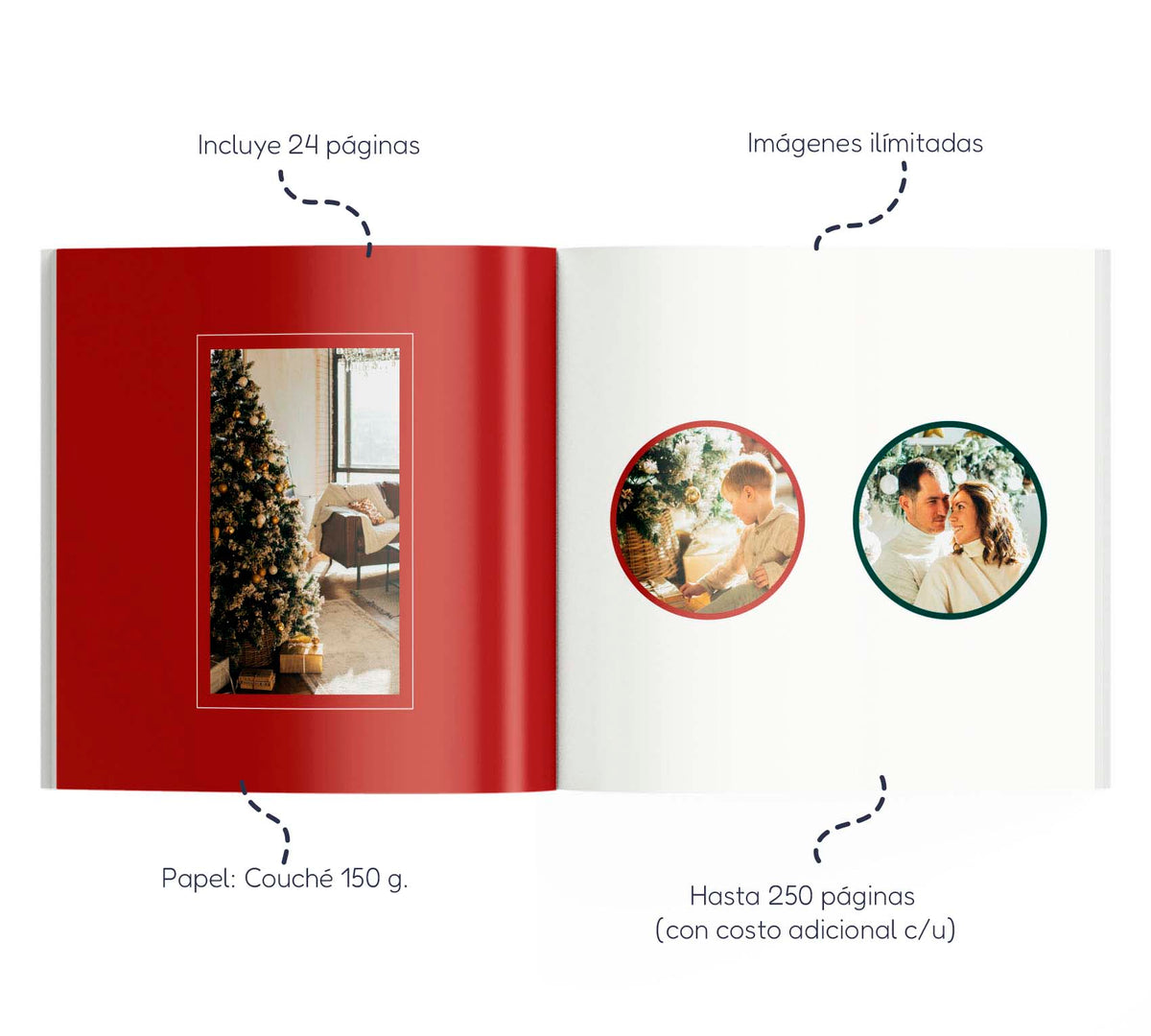 Álbum de fotos navideño, interior con 3 fotos en 2 páginas.