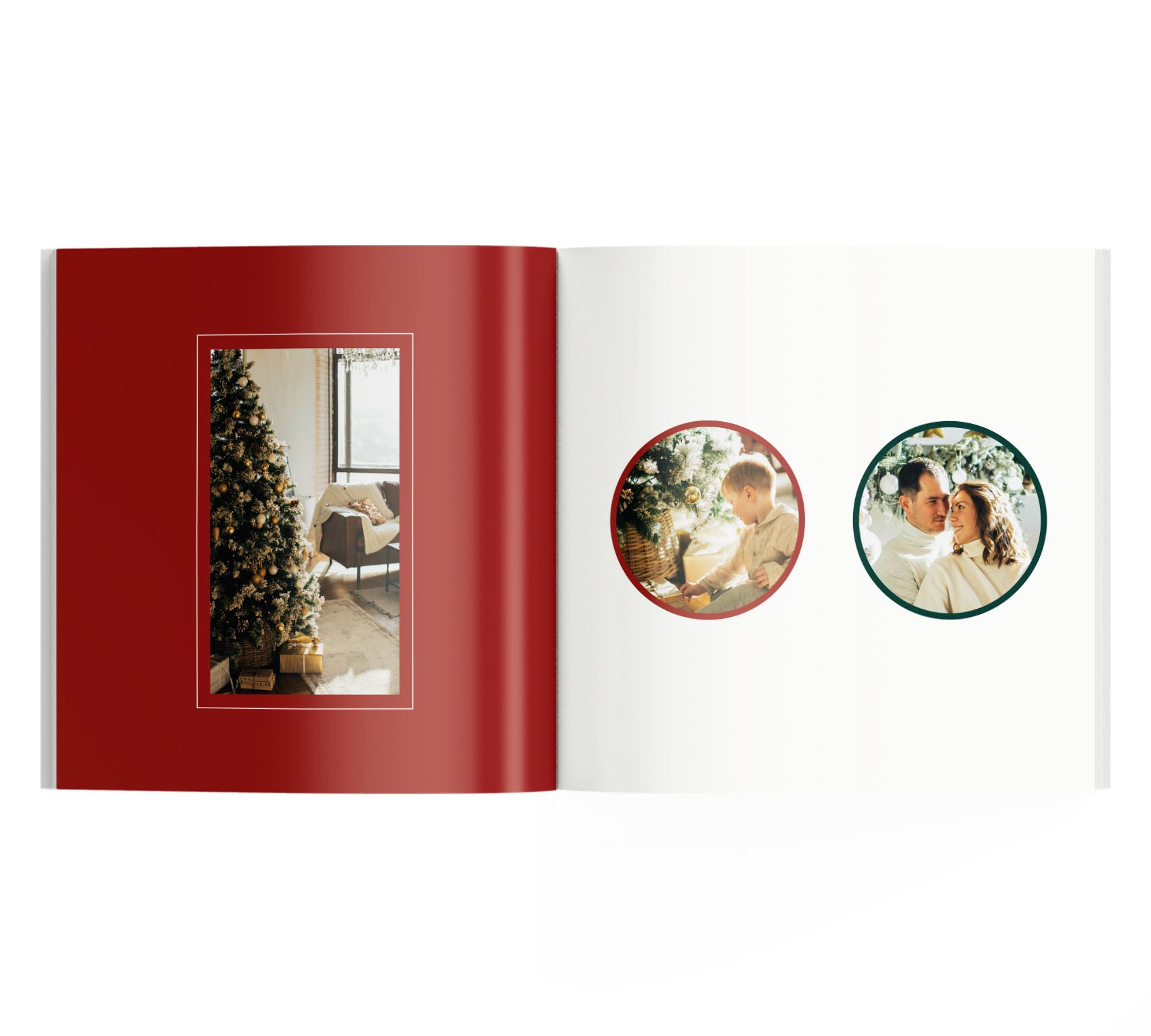 Álbum de fotos navideño, interior con 3 fotos en 2 páginas.