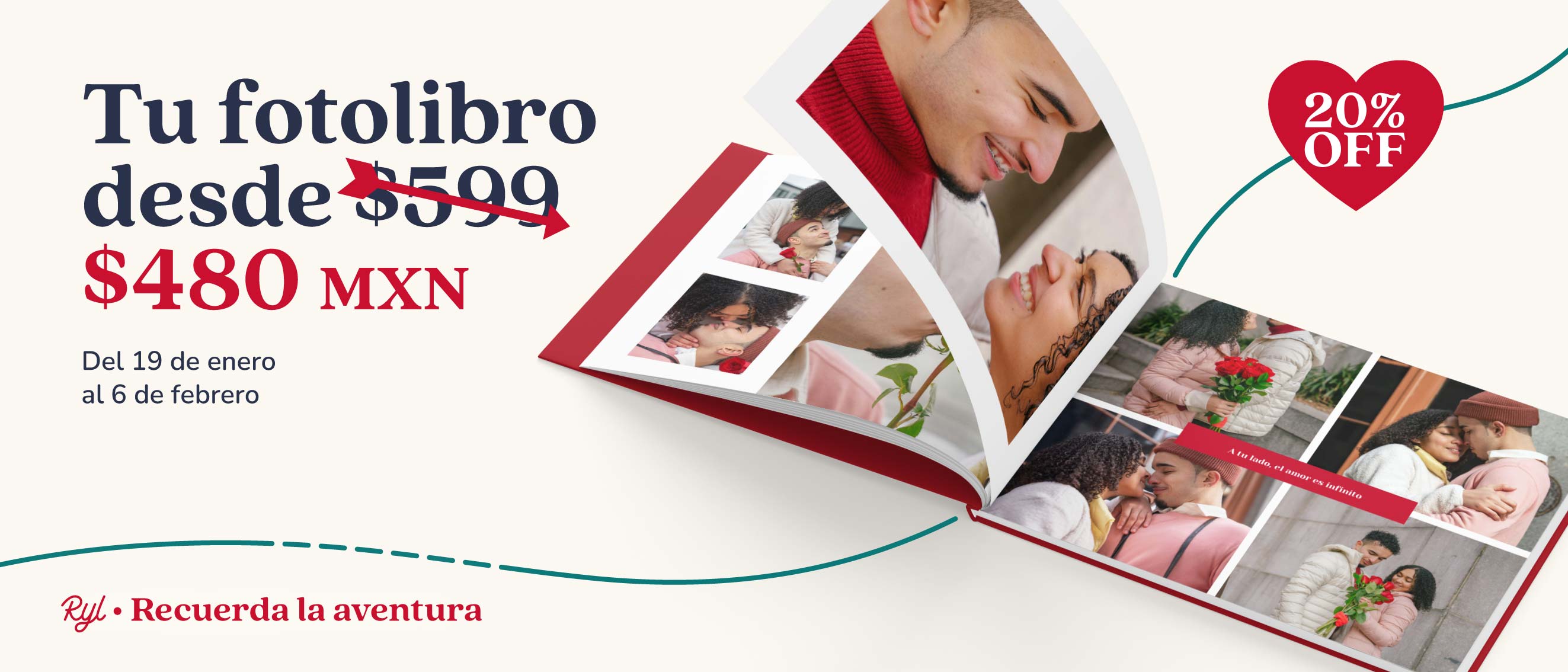 Banner promocional con descuento del 20% en toda la tienda por San Valentín.