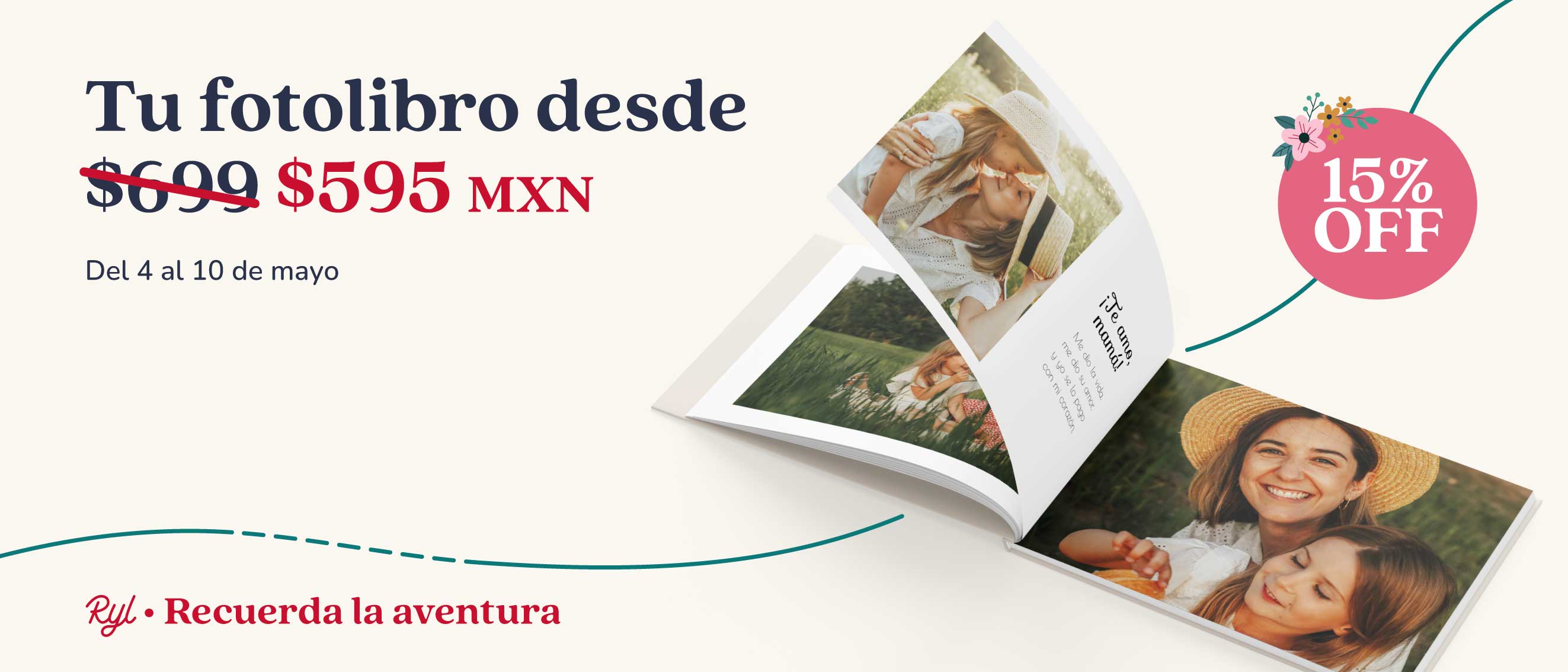 Banner promocional con descuento del 15% en toda la tienda por el día de las madres.