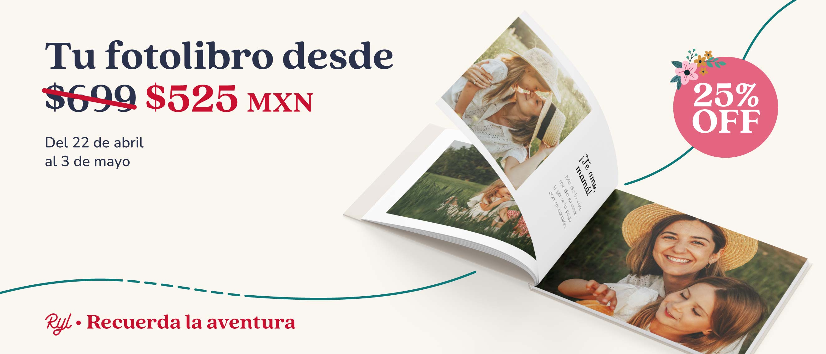 Banner promocional con descuento del 25% en toda la tienda por el día de las madres.