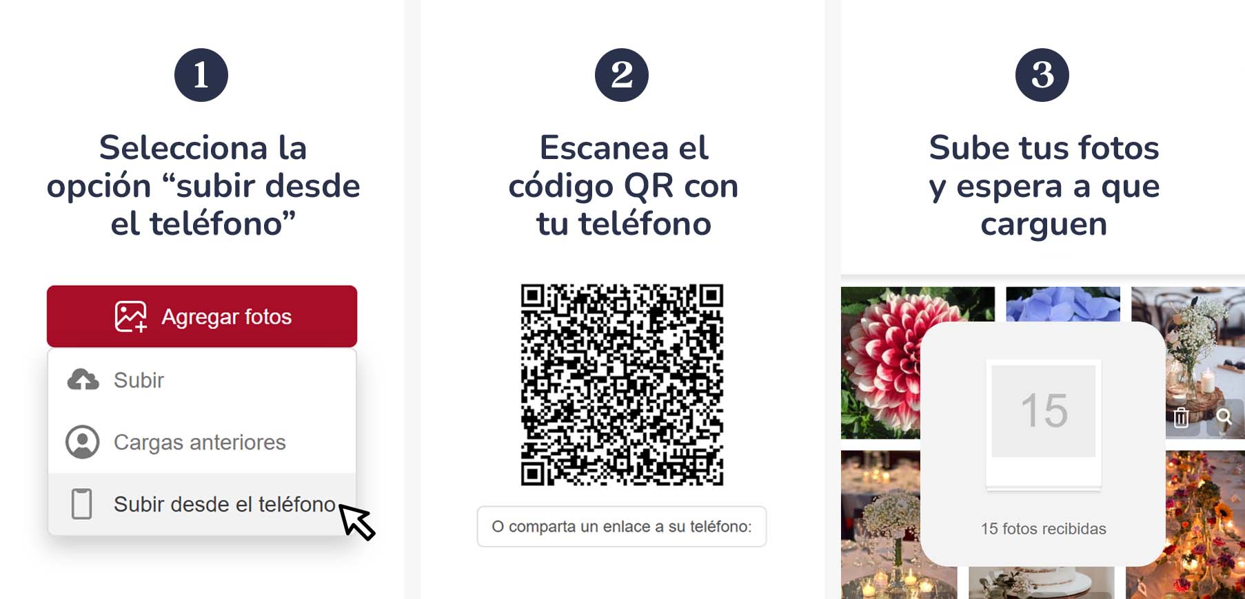Proceso de carga de fotos para photobook con código QR en Ryl.