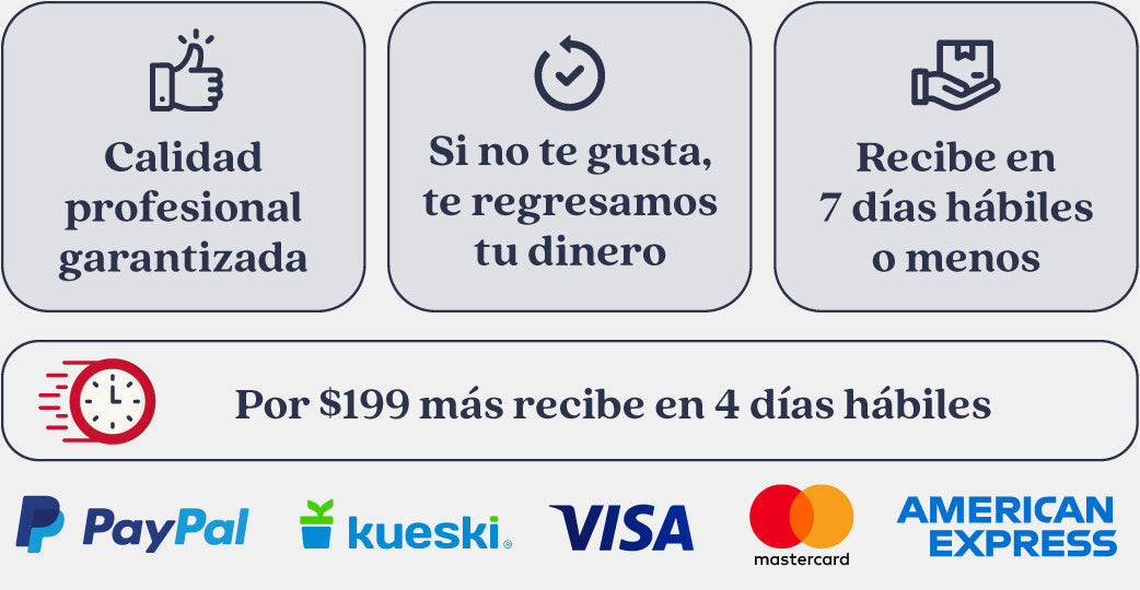Formas de pago con logos: PayPal, Kueski VISA, Mastercard y American Express.