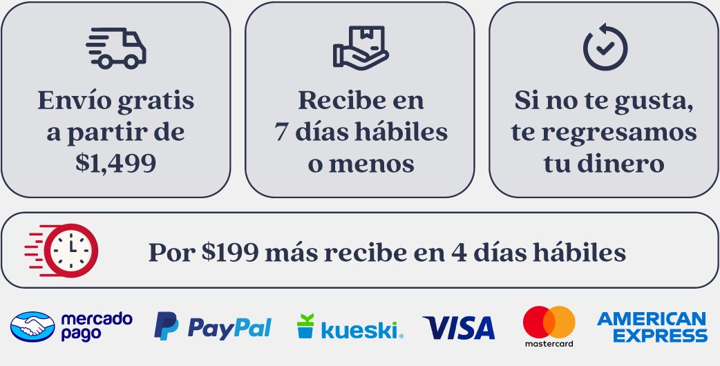 Formas de pago con logos: PayPal, Kueski VISA, Mastercard y American Express.