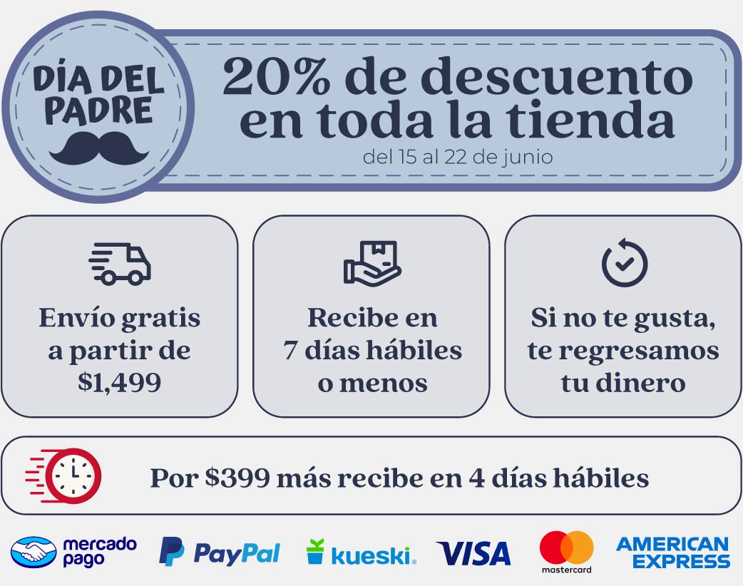 Formas de pago con logos: PayPal, Kueski VISA, Mastercard y American Express.