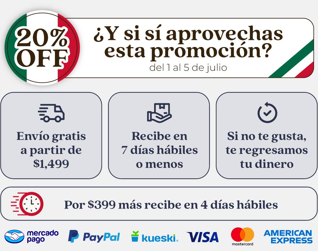 Formas de pago con logos: PayPal, Kueski VISA, Mastercard y American Express.