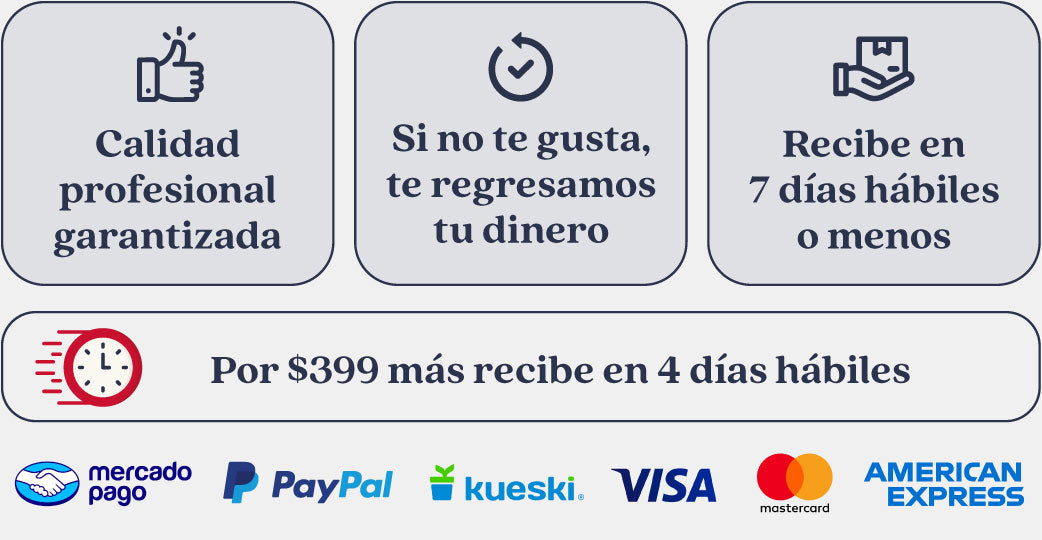 Formas de pago con logos: PayPal, Kueski VISA, Mastercard y American Express.