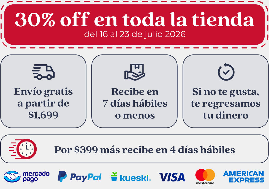 Formas de pago con logos: PayPal, Kueski VISA, Mastercard y American Express.