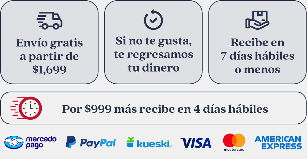 Formas de pago con logos: PayPal, Kueski VISA, Mastercard y American Express.