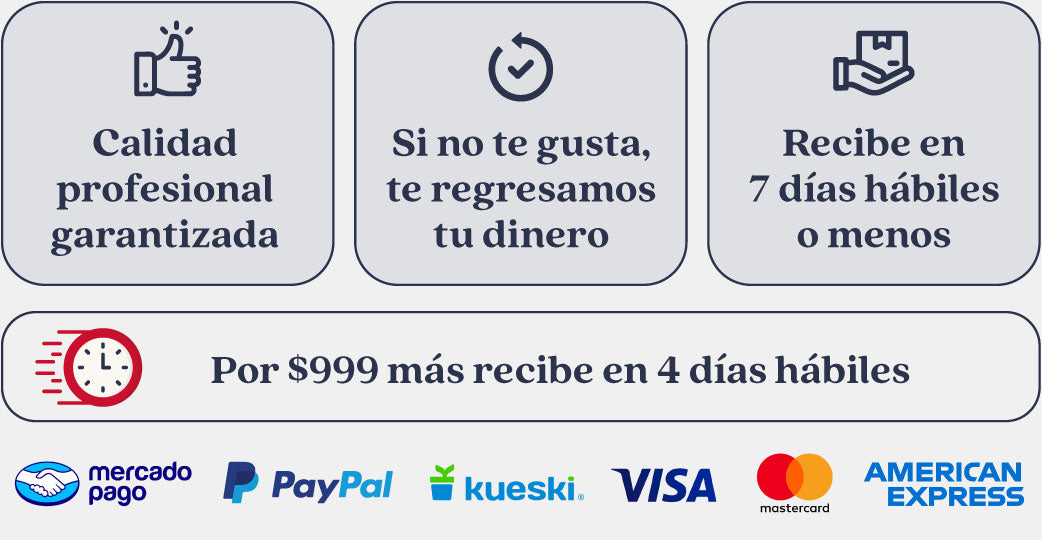 Formas de pago con logos: PayPal, Kueski VISA, Mastercard y American Express.
