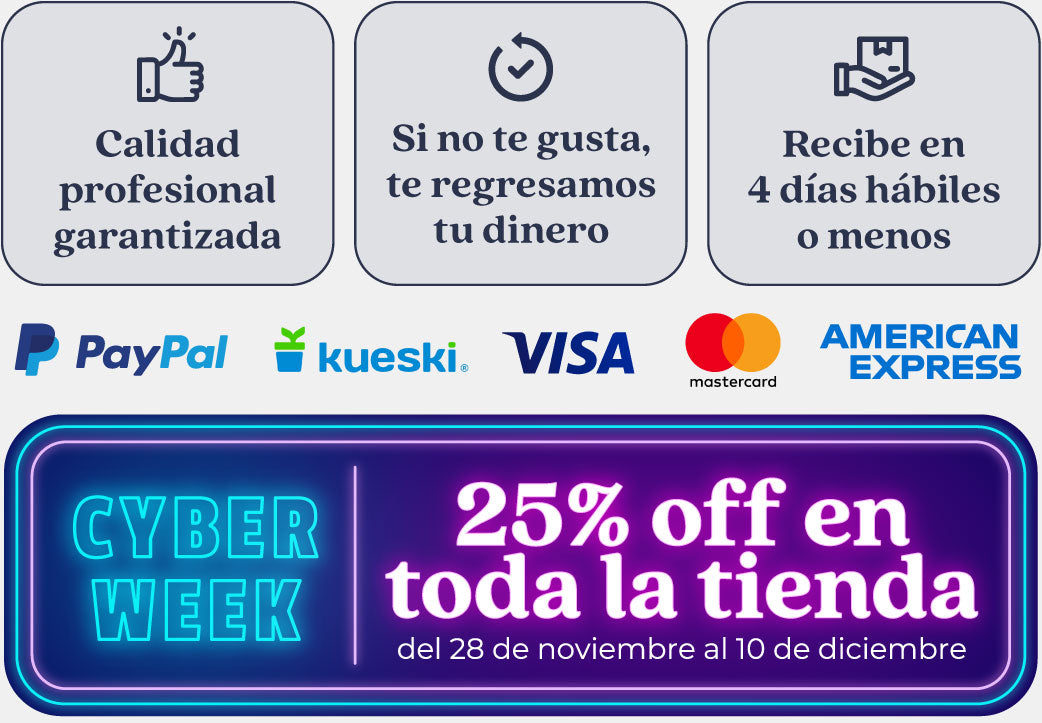 Formas de pago (PayPal, Kueski, Visa, Mastercard y AmEx) y 20% de descuento por Holiday Sale. PE.