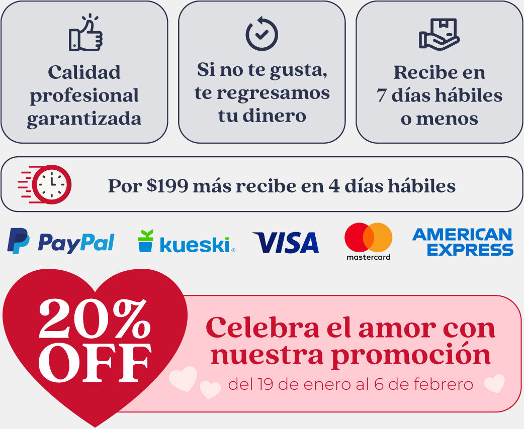Formas de pago (PayPal, Kueski, Visa, Mastercard y AmEx) y 20% de descuento por San Valentín.