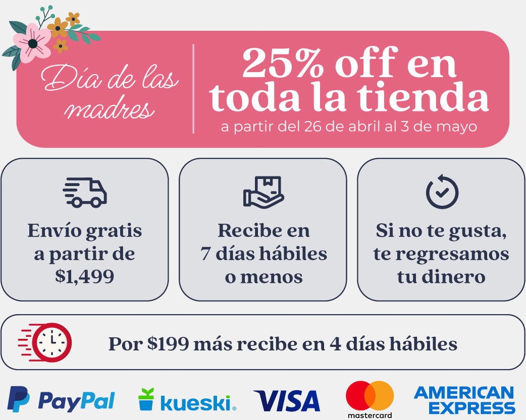 Formas de pago (PayPal, Kueski, Visa, Mastercard y AmEx) y 25% de descuento por el día de las madres.