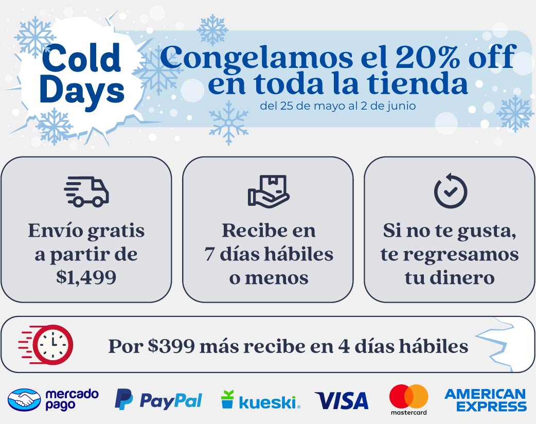 Formas de pago (PayPal, Kueski, Visa, Mastercard y AmEx) y 20% de descuento por el hot sale.