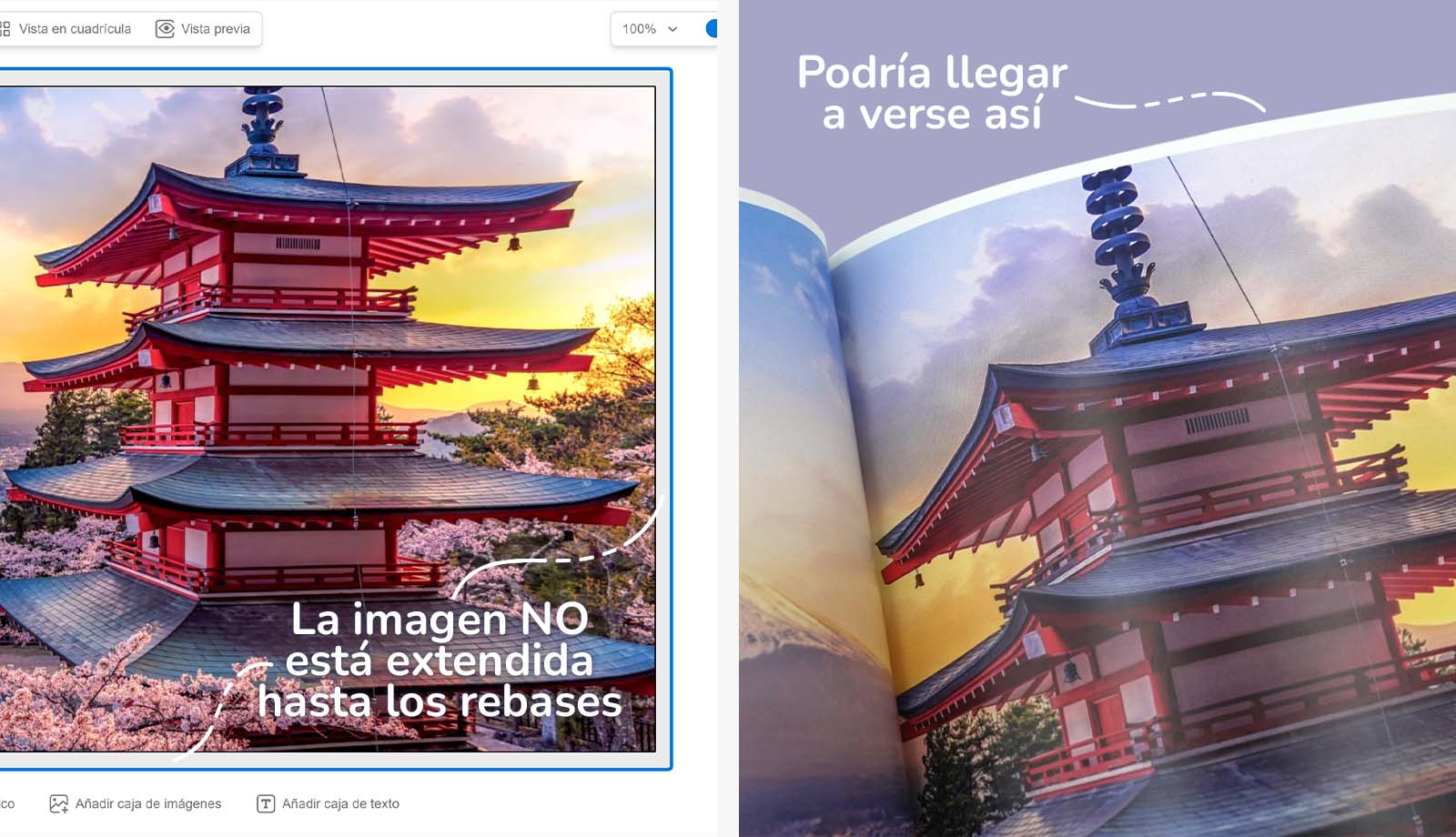Impresión de photobook con bordes blancos.
