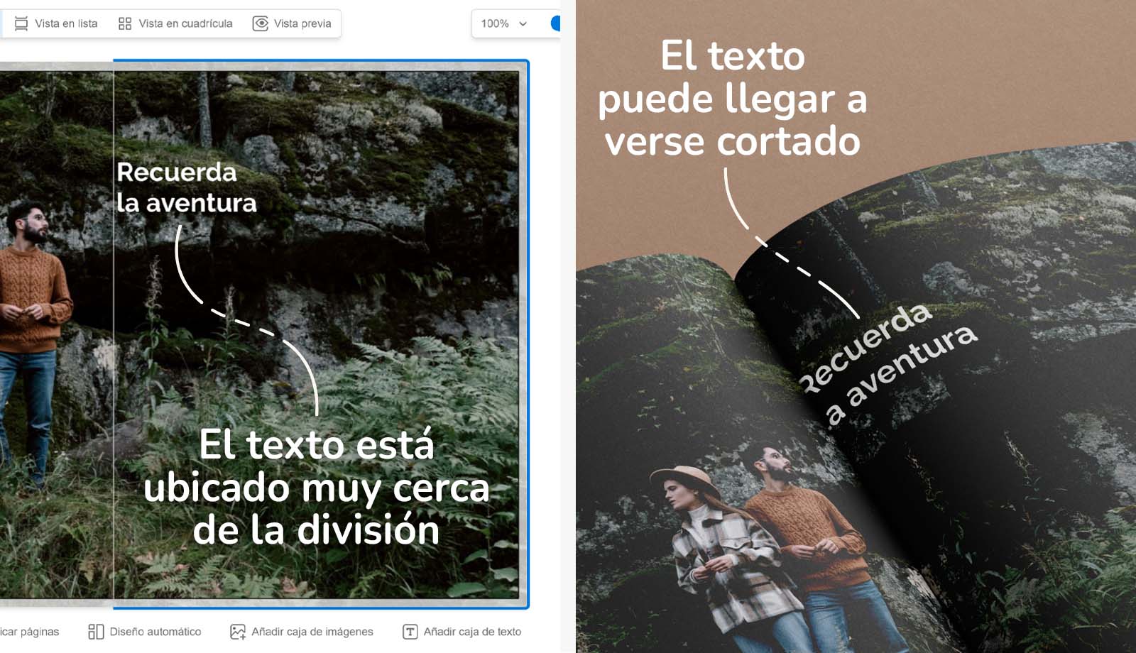 Texto dividido y oculto en fotolibro de viaje.