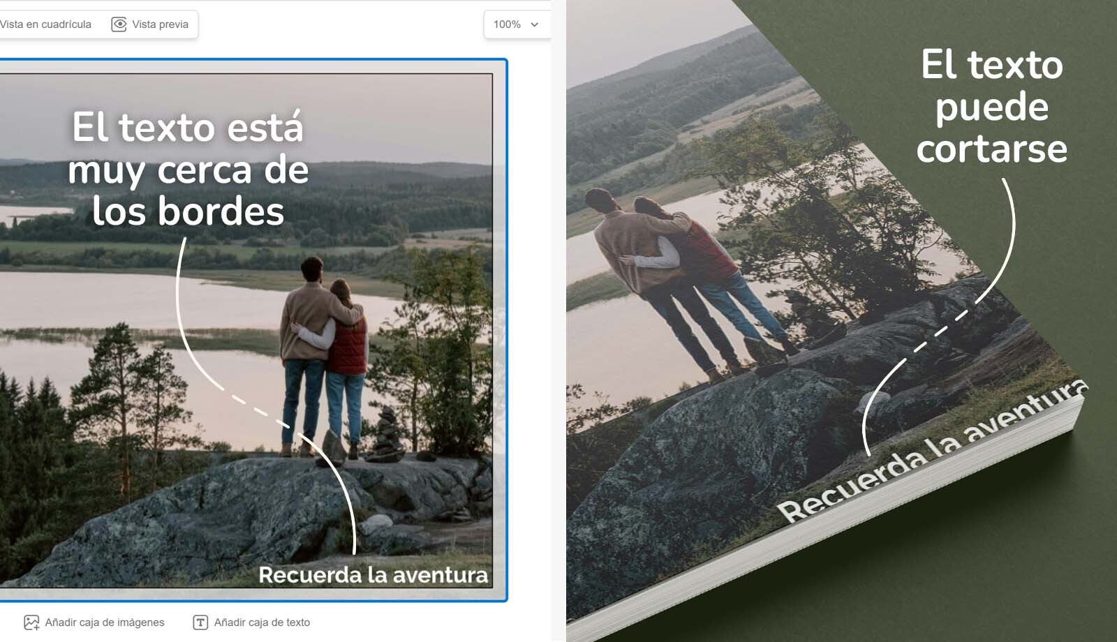 Título de portada al borde y cortado en fotolibro de viaje.