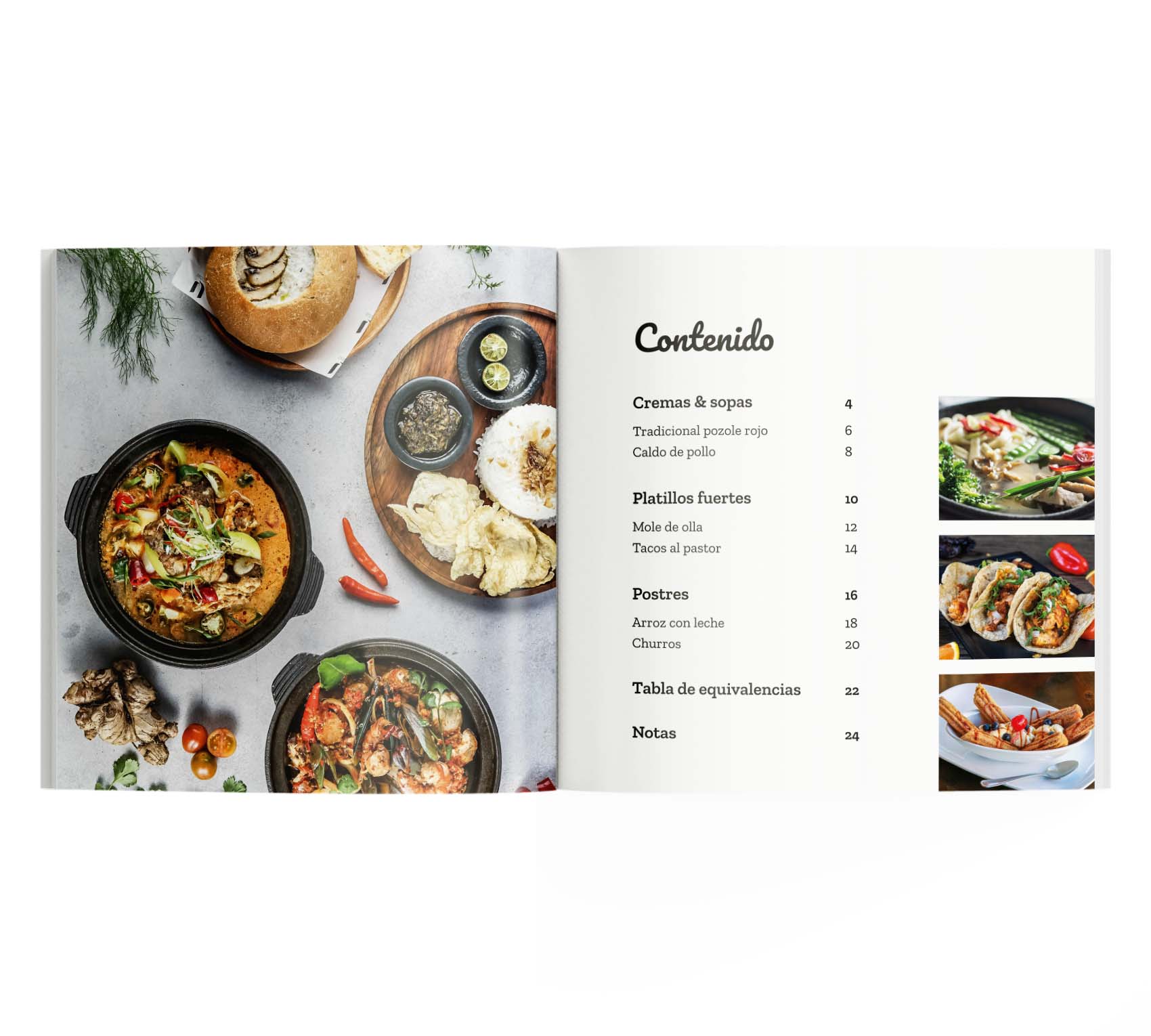 Índice de un recetario de cocina, interior de fotolibro