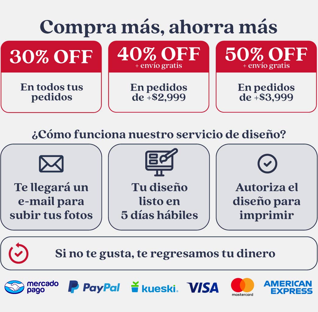 Formas de pago con logos: PayPal, Kueski VISA, Mastercard y American Express.