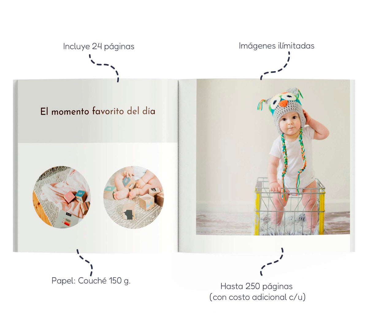 Interior de fotolibro con 3 fotos de bebé y el texto "El momento favorito del día".
