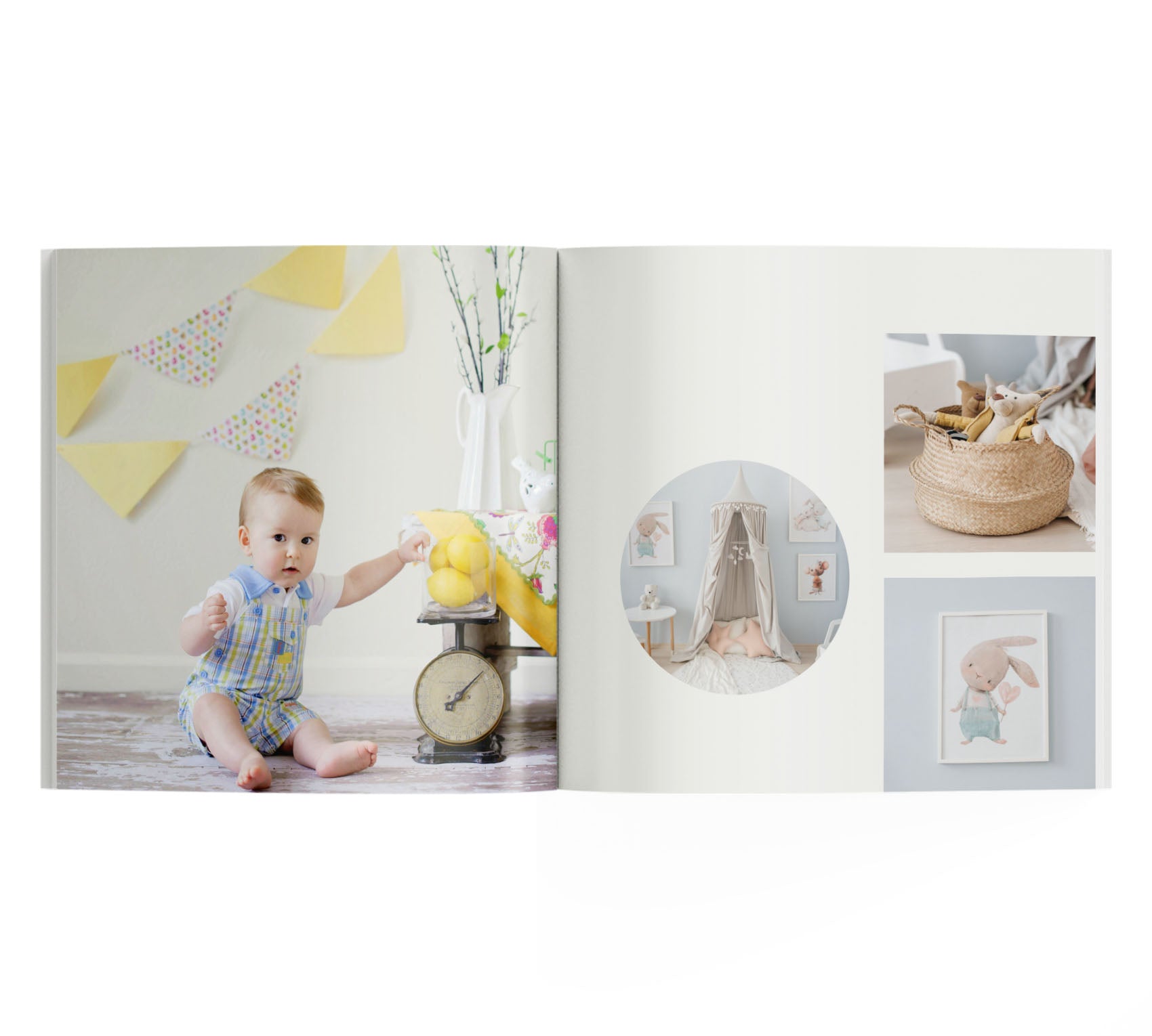 Interior de fotolibro con bebé en decoración de pascua y 3 fotos de cosas de bebé.