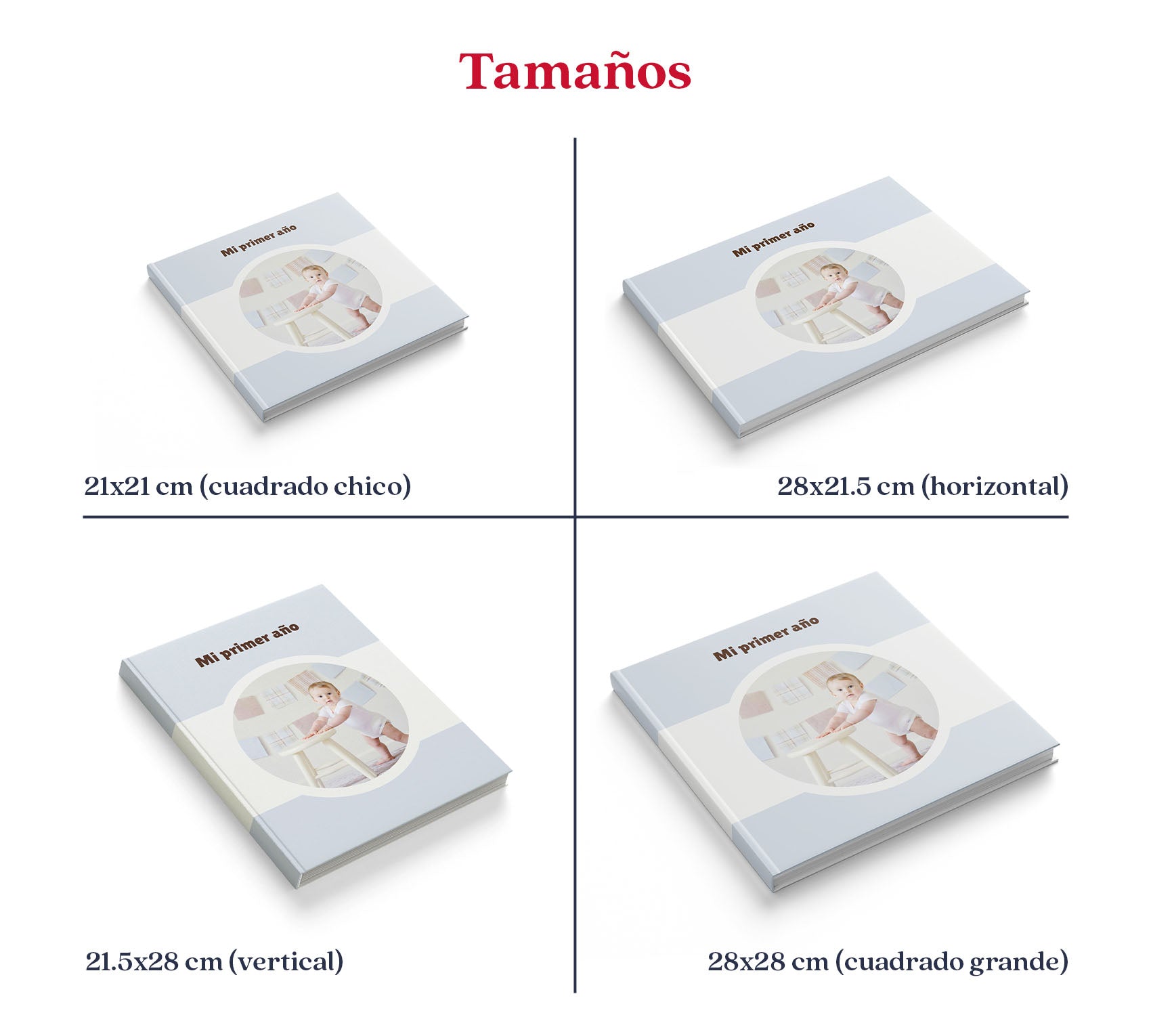 Medidas de photobook de bebé en pasta dura y pasta blanda.