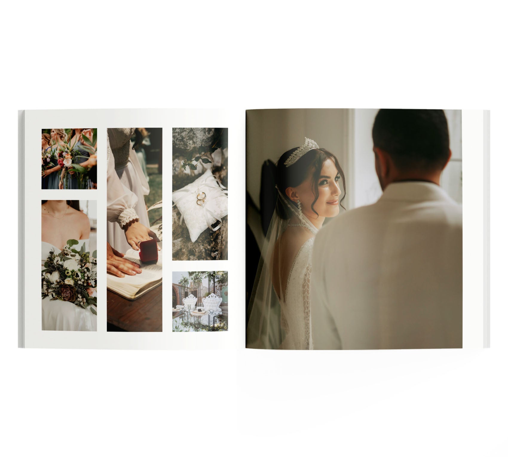 Interior de fotolibro con 6 fotos de pareja que se prepara para casarse.