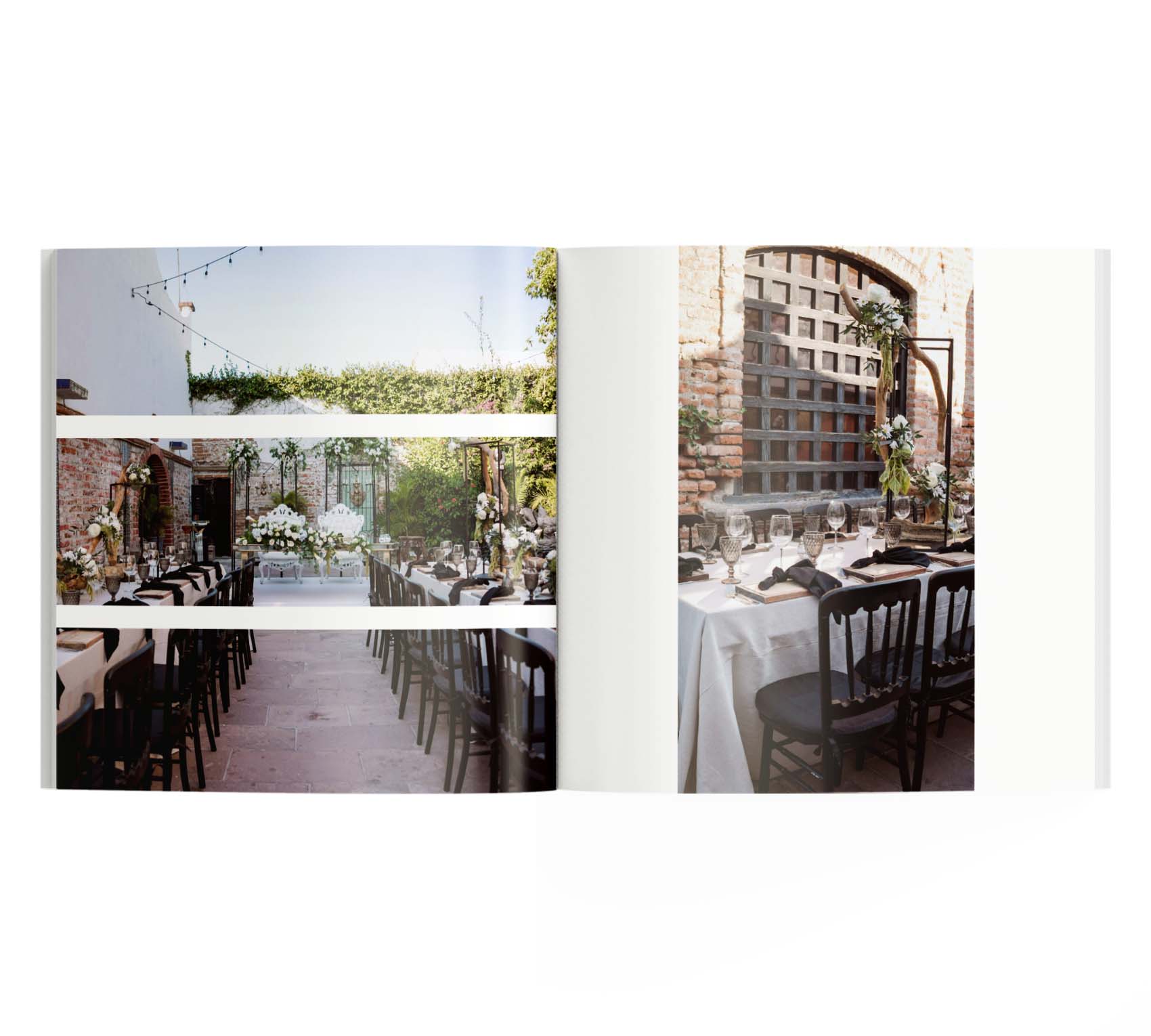 Interior de fotolibro con 2 fotos de mesas decoradas para boda.