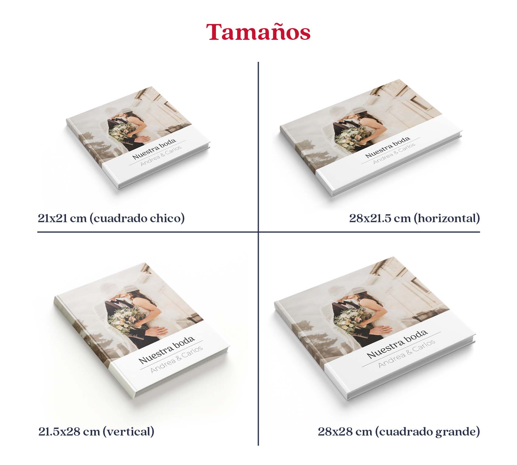 Medidas de photobook de boda en pasta dura y pasta blanda.