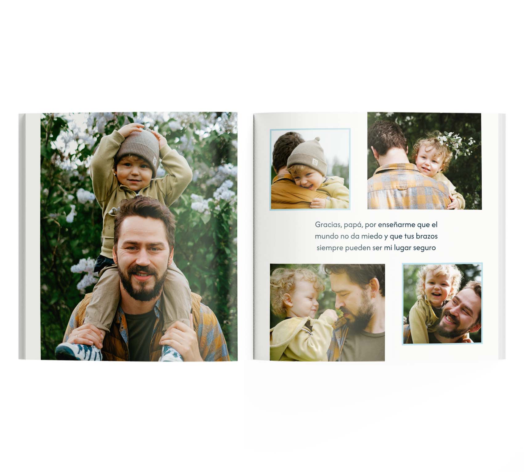 Photobook del día del padre con 5 fotos de un padre con su hijo y una frase.