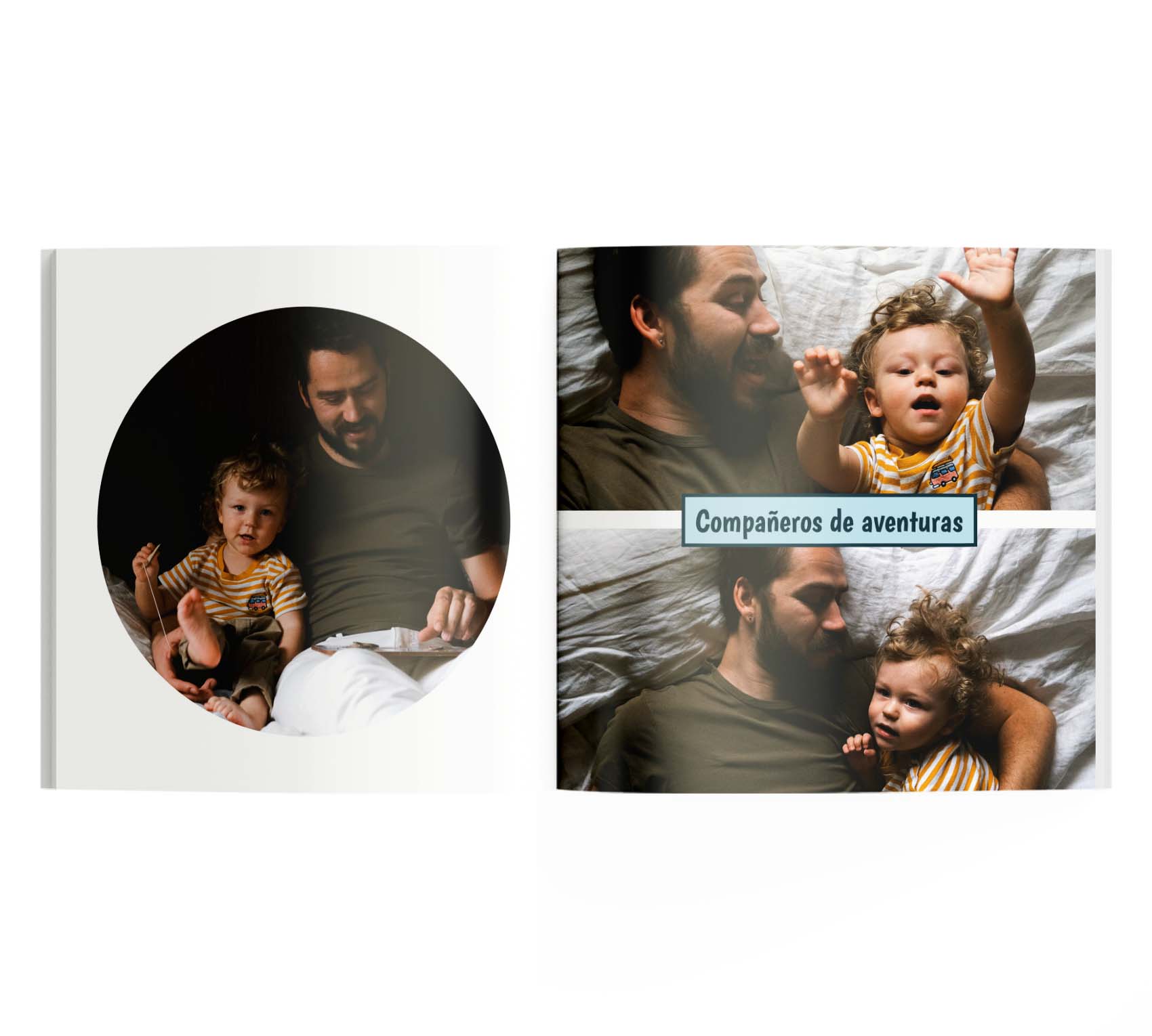 Photobook del día del padre con 3 fotos de un padre con su hijo y frase: "compañeros de aventuras".