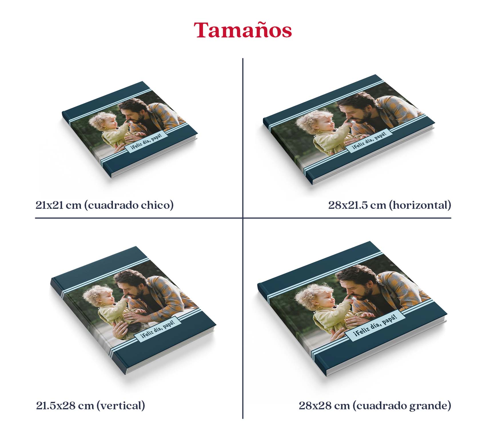 Medidas de photobook del día del padre en pasta dura y pasta blanda.