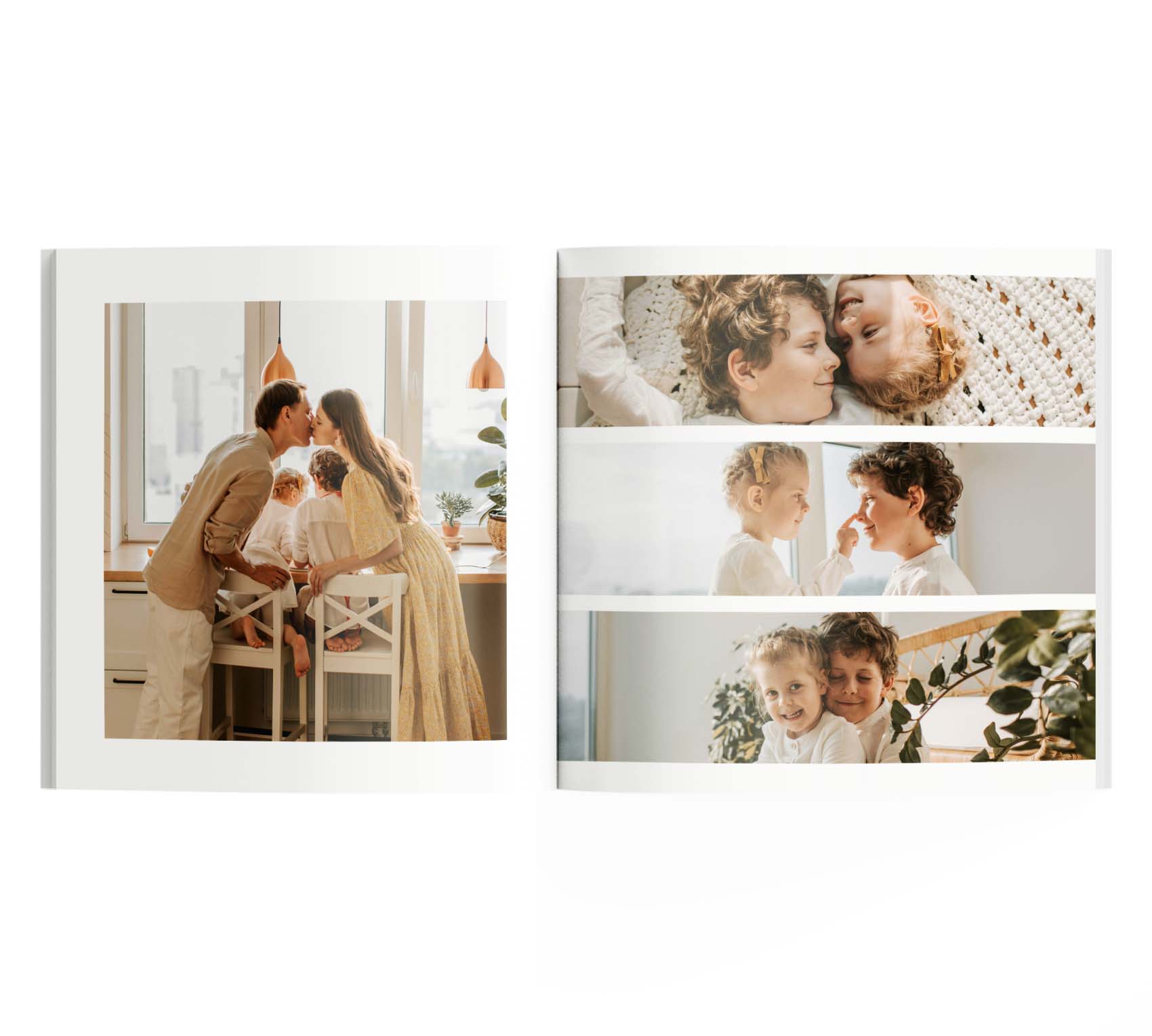 Interior de fotolibro con 4 fotos de familia que convive en su casa.