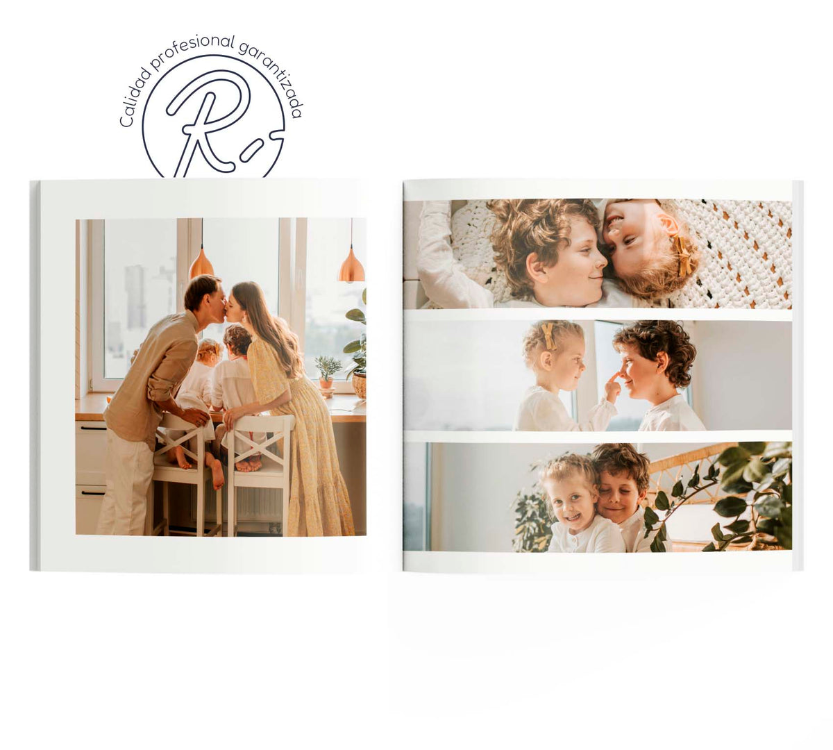 Interior de fotolibro con 4 fotos de familia que convive en su casa.