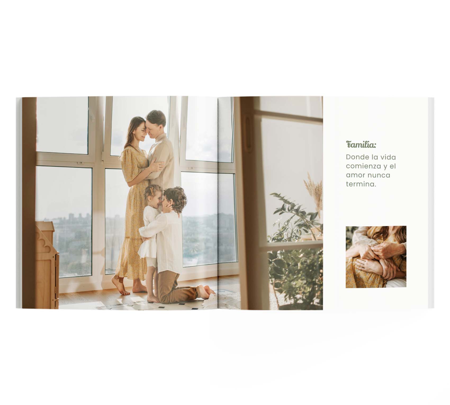 Interior de fotolibro con 2 fotos de familia y una dedicatoria.