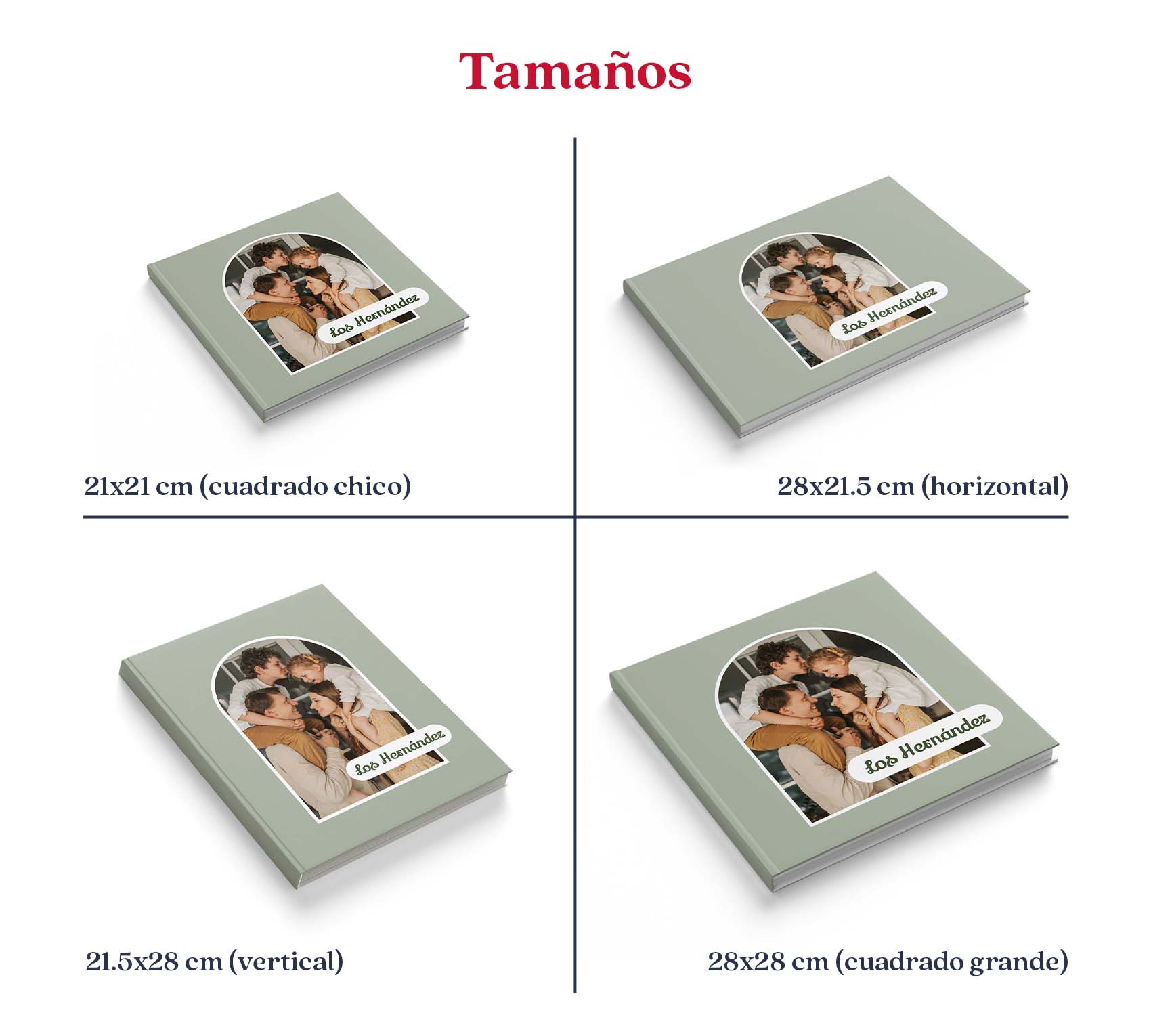 Medidas de photobook de familia en pasta dura y pasta blanda.