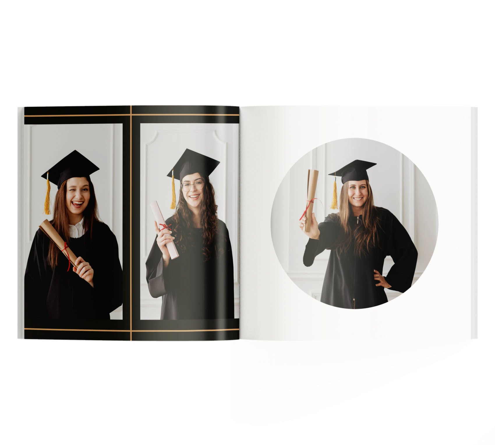 Photobook de graduación con 3 fotos de recién graduadas.