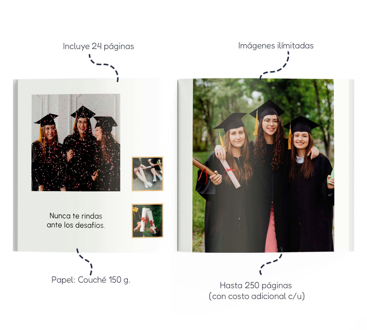 Photobook de graduación con 4 fotos de recién graduadas y una dedicatoria.