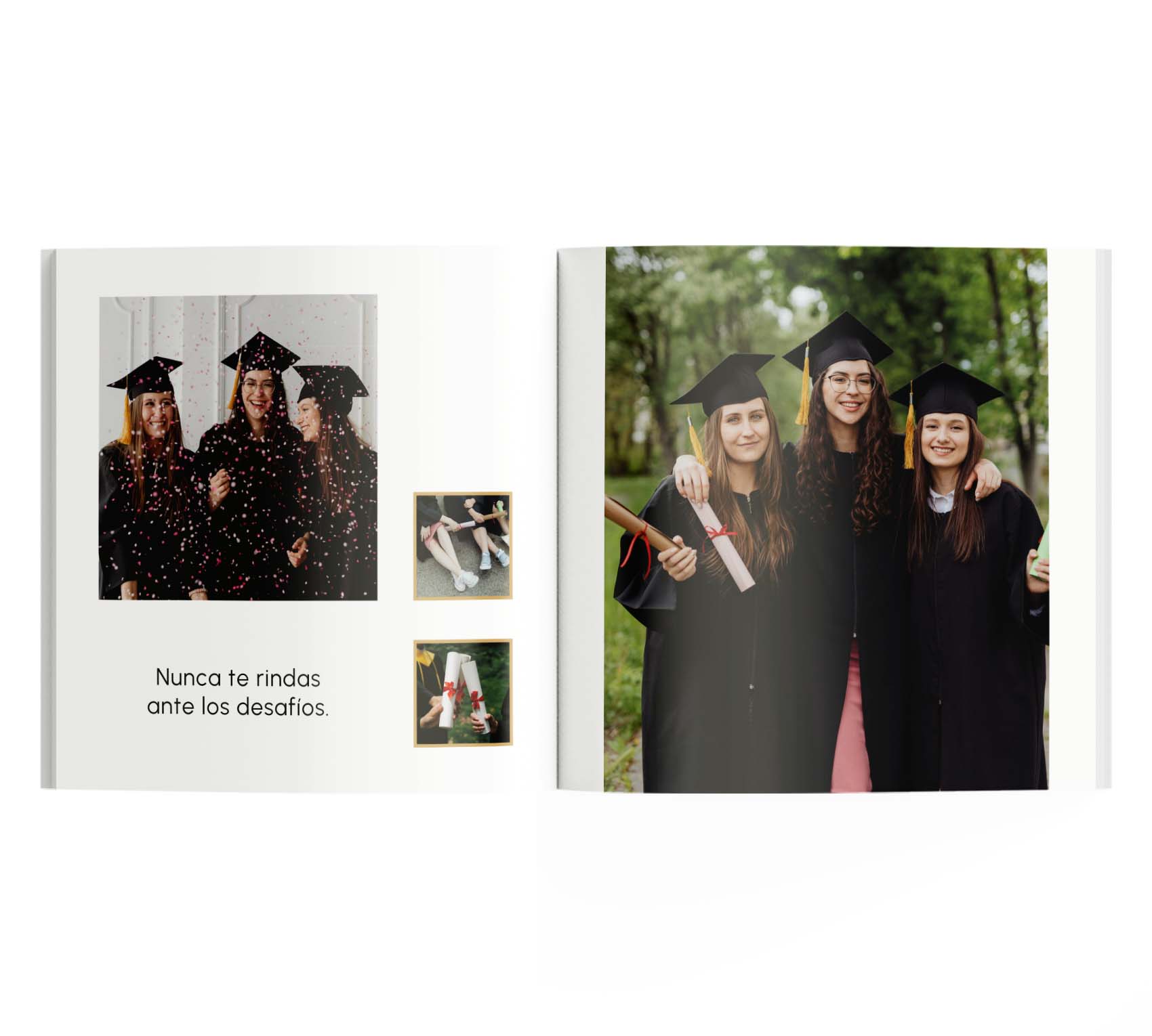 Photobook de graduación con 4 fotos de recién graduadas y una dedicatoria.