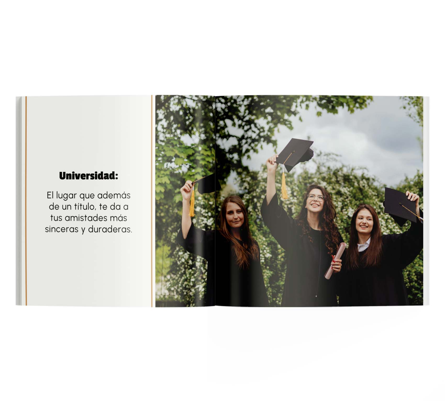 Photobook de graduación con foto de amigas y una frase.