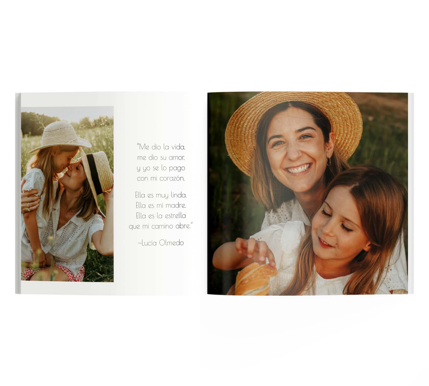 Interior de fotolibro con 2 fotos de madre e hija y un poema para mamá.