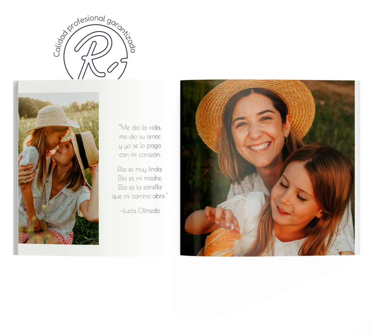Interior de fotolibro con 2 fotos de madre e hija y un poema para mamá.