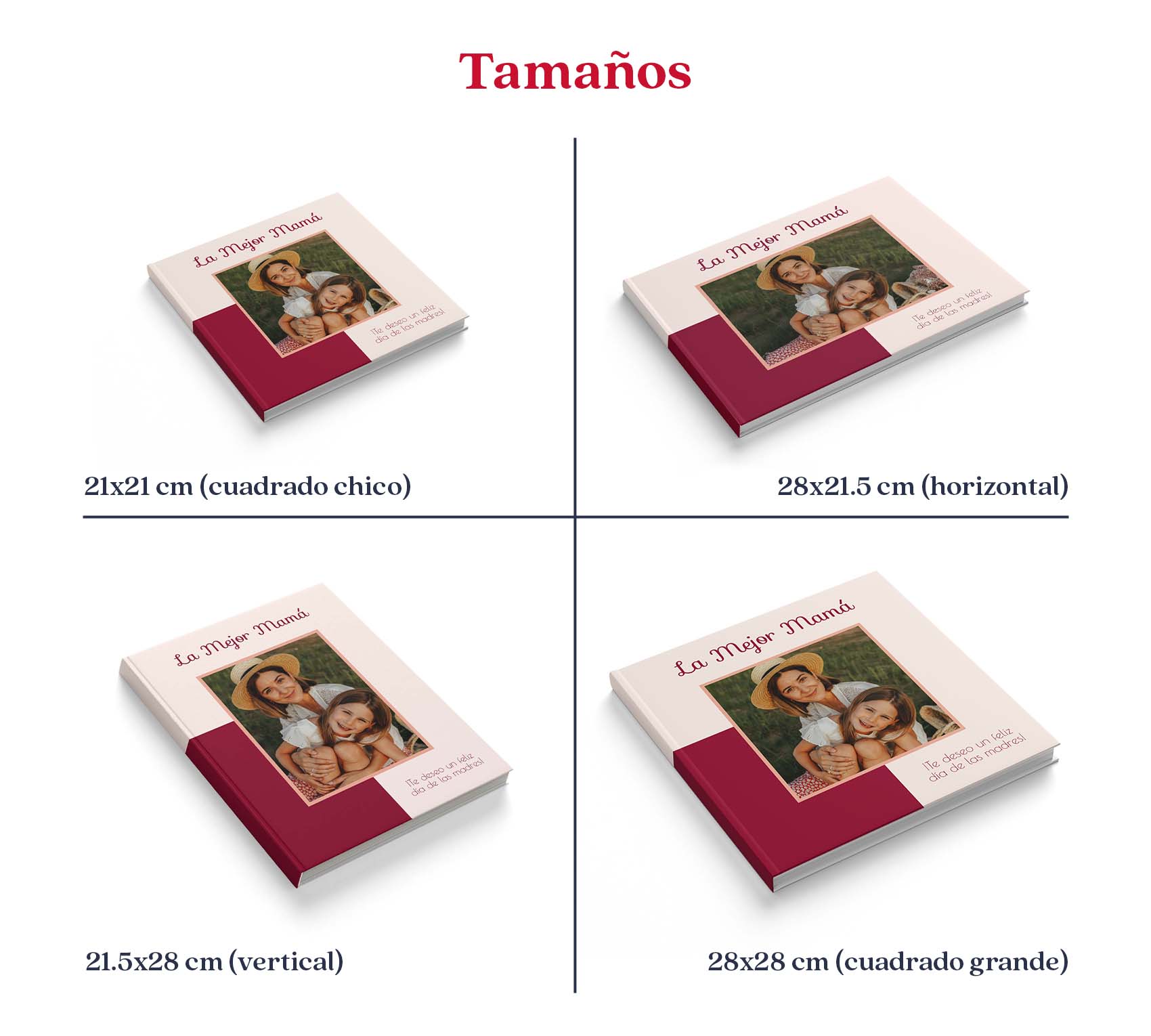 Medidas de photobook para mamá en pasta dura y pasta blanda.