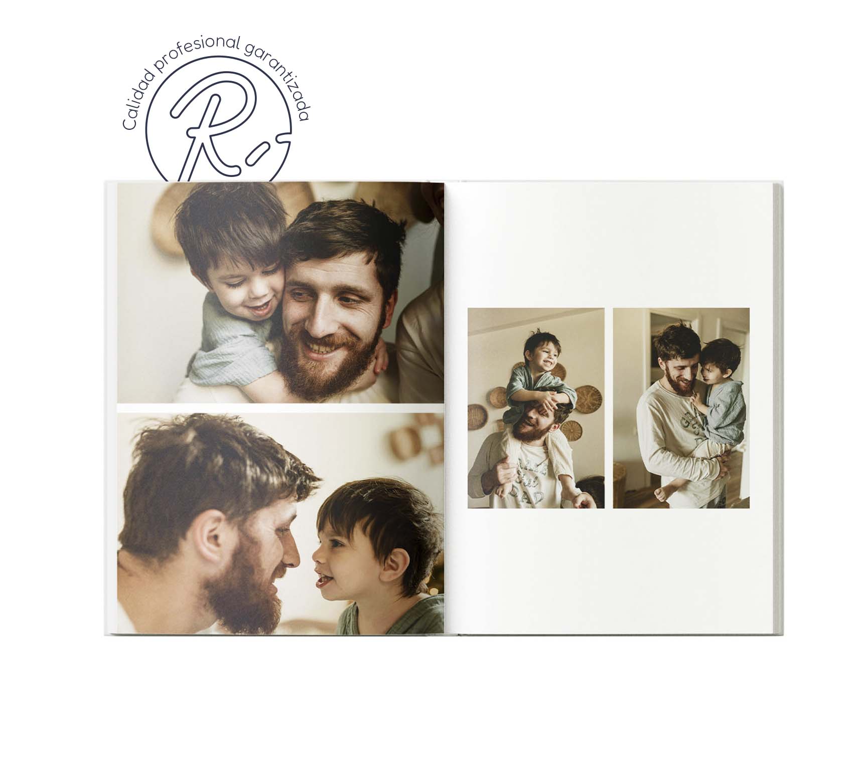 Interior de fotolibro con 4 fotos de papá e hijo felices.