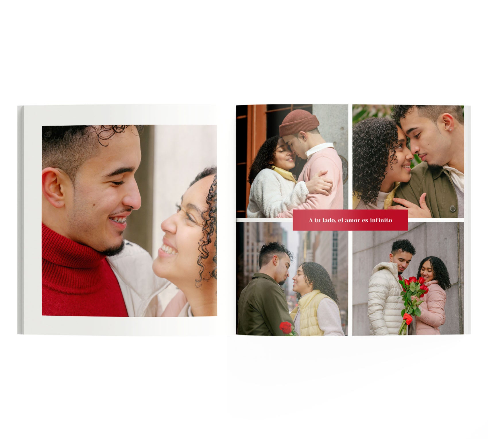Interior de fotolibro con 5 fotos de pareja enamorada y texto "A tu lado, el amor es infinito".