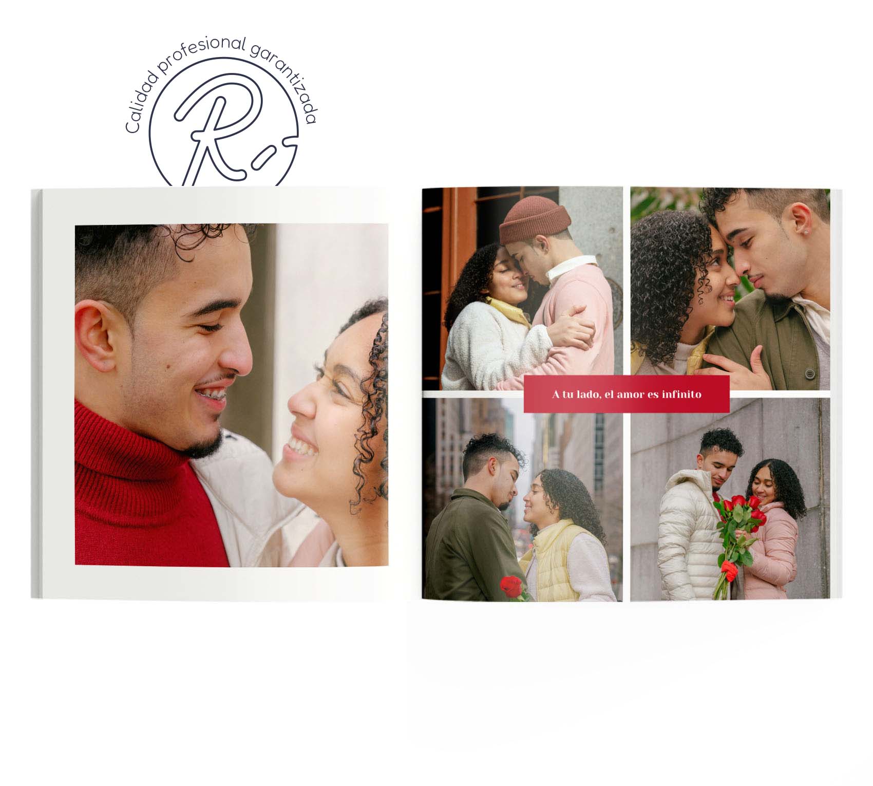 Interior de fotolibro con 5 fotos de pareja enamorada y texto "A tu lado, el amor es infinito".