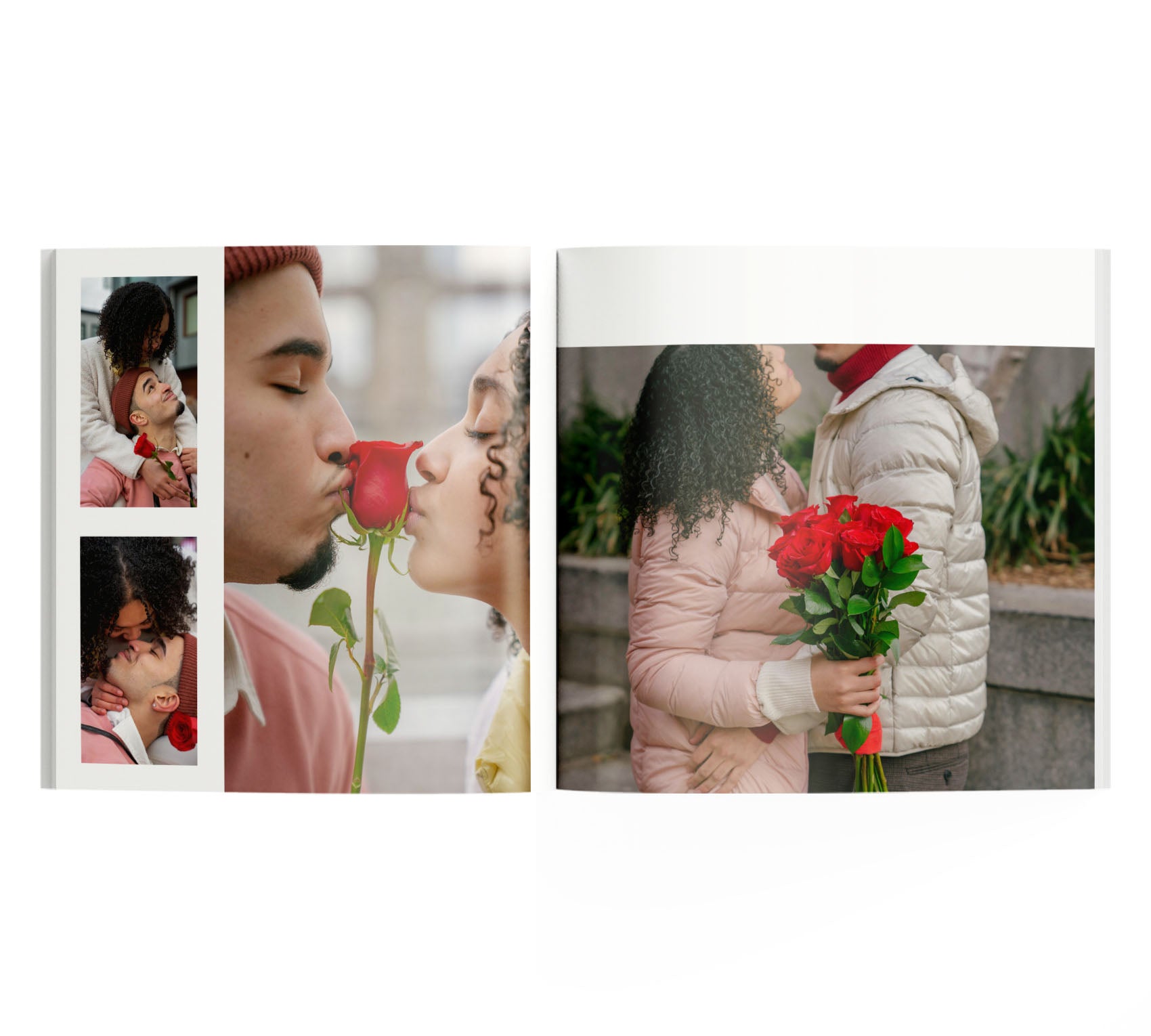 Interior de fotolibro con 4 fotos de pareja enamorada.